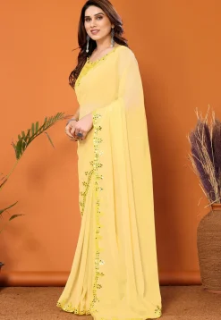 Embroidered Border Georgette Saree in Yellow
