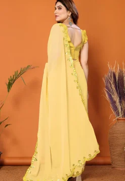 Embroidered Border Georgette Saree in Yellow