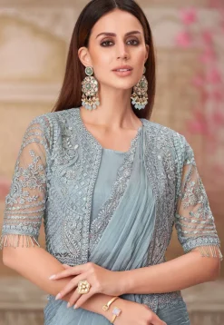 Embroidered Border Georgette Scalloped Saree in Grey