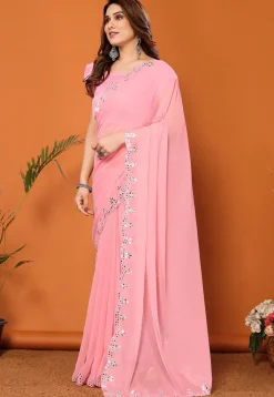 Embroidered Border Georgette Scalloped Saree in Pink