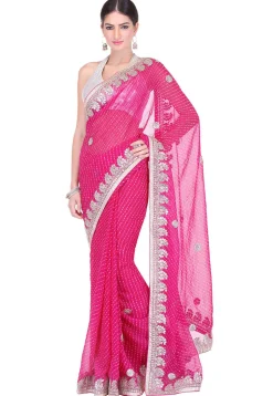 Embroidered Border Georgette Lehariya Saree in Fuchsia
