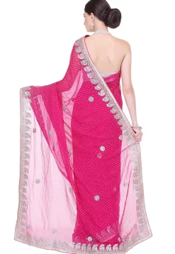 Embroidered Border Georgette Lehariya Saree in Fuchsia