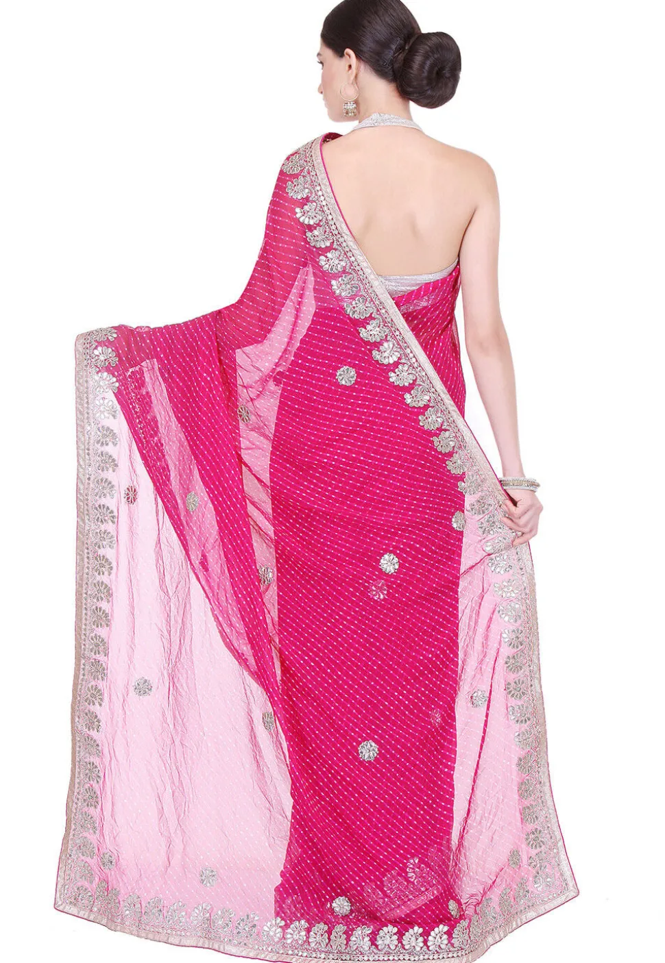 Embroidered Border Georgette Lehariya Saree in Fuchsia