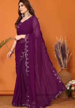 Embroidered Border Georgette Saree in Dark Purple