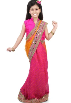 Embroidered Border Net Half N Half Saree in Mustard and Pink