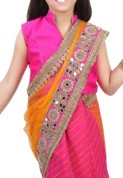 Embroidered Border Net Half N Half Saree in Mustard and Pink