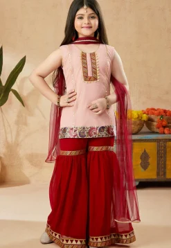 Embroidered Border Net Pakistani Suit in Peach
