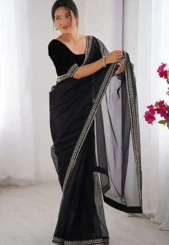 Embroidered Border Net Saree in Black