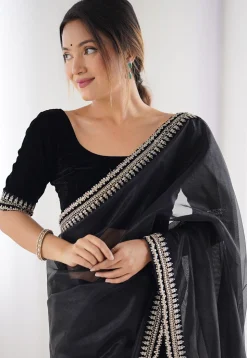 Embroidered Border Net Saree in Black