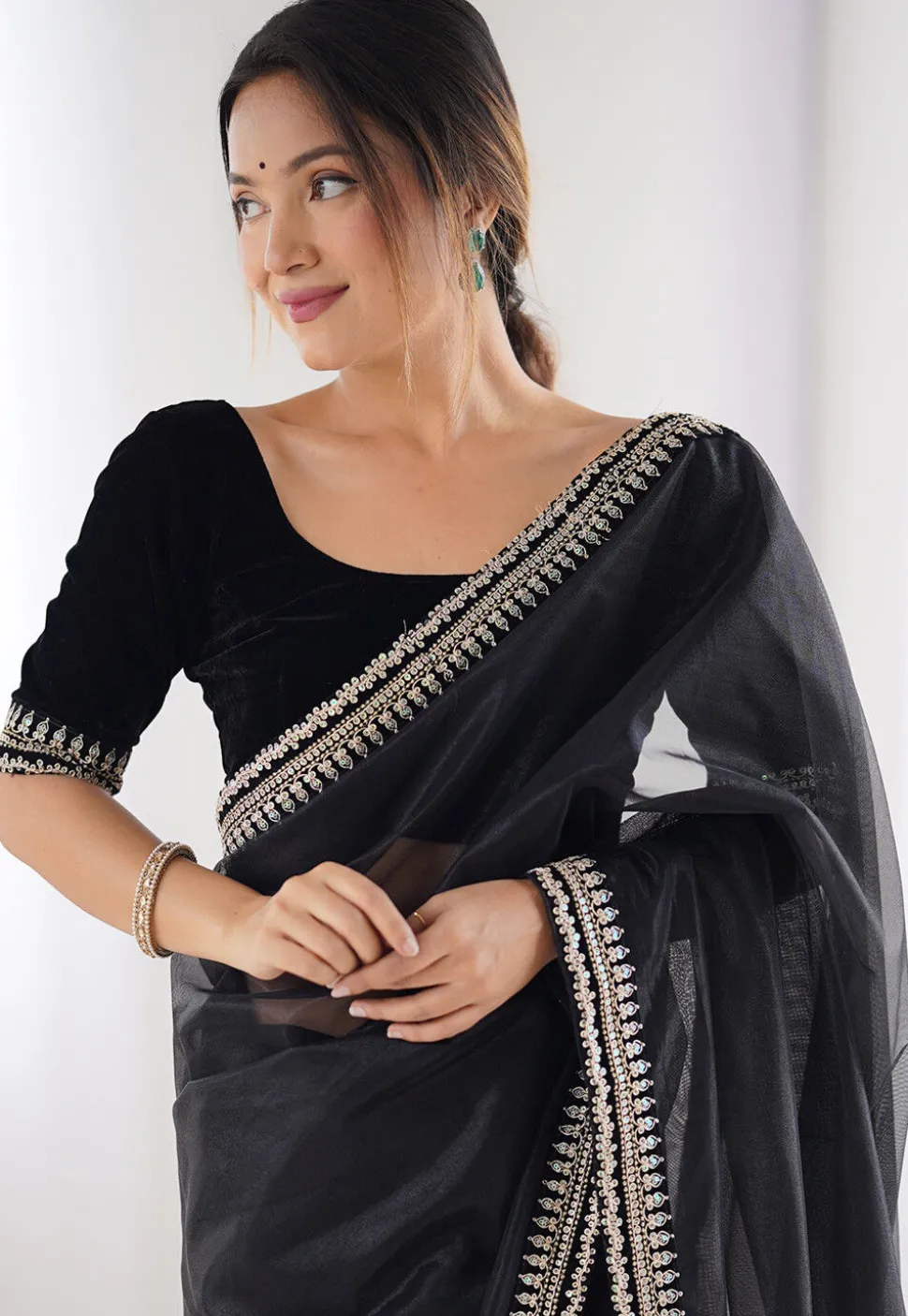 Embroidered Border Net Saree in Black