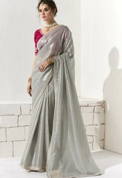 Embroidered Border Organza Saree in Grey