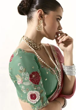 Embroidered Border Organza Saree in Pink