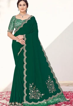 Embroidered Border Pure Crepe Scalloped Saree in Dark Green
