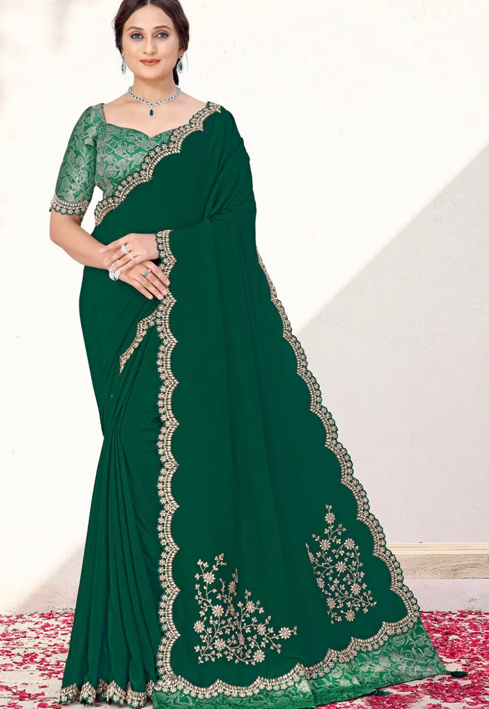 Embroidered Border Pure Crepe Scalloped Saree in Dark Green