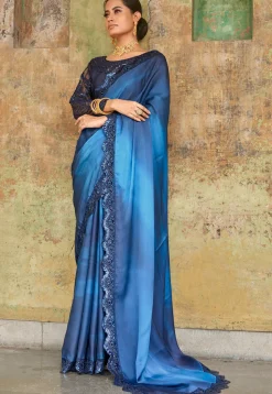 Embroidered Border Satin Saree in Blue