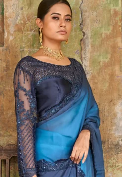 Embroidered Border Satin Saree in Blue