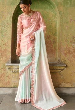 Embroidered Border Satin Saree in Pink and Light Green