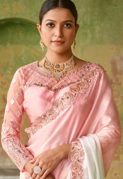 Embroidered Border Satin Saree in Pink and Light Green