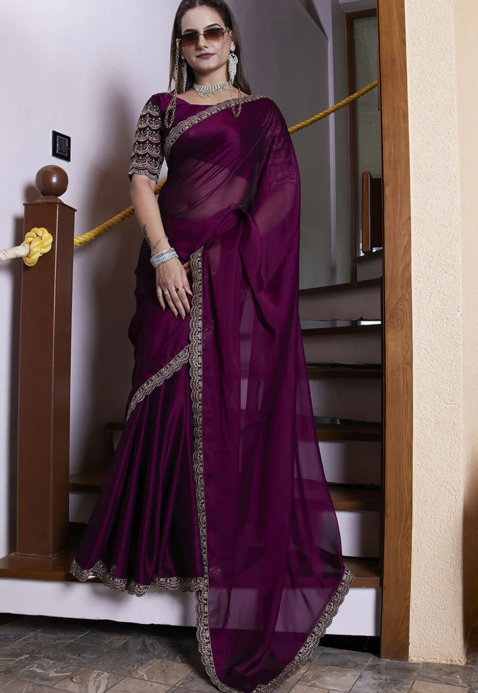 Embroidered Border Satin Georgette Scalloped Saree in Purple