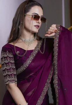 Embroidered Border Satin Georgette Scalloped Saree in Purple