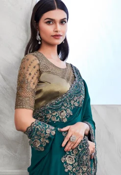 Embroidered Border Satin Georgette Saree in Teal Blue
