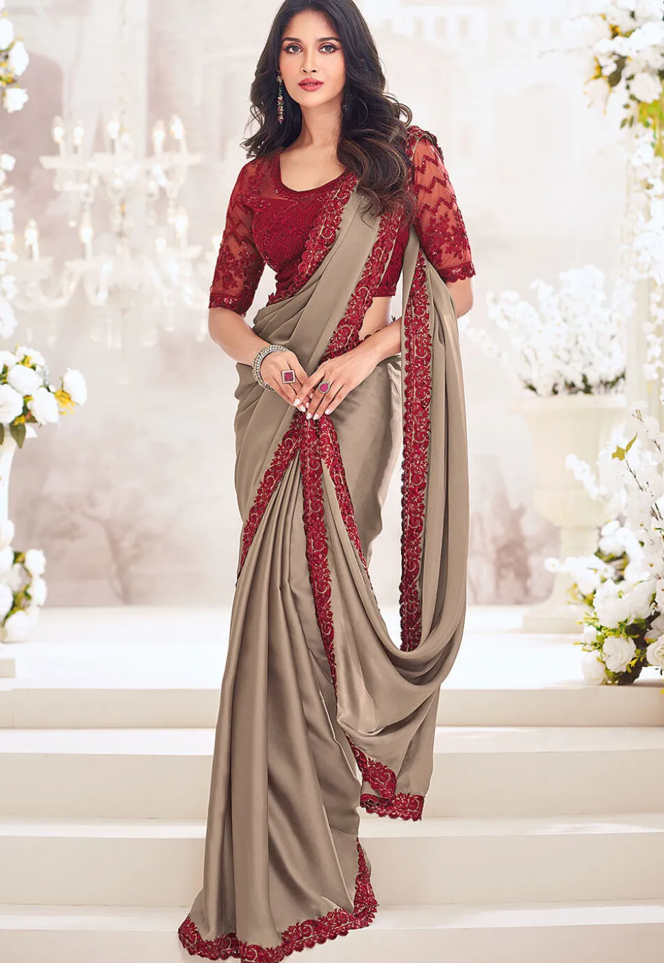 Embroidered Border Satin Scalloped Saree in Beige