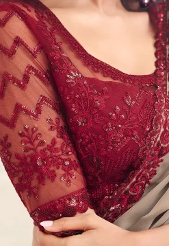 Embroidered Border Satin Scalloped Saree in Beige