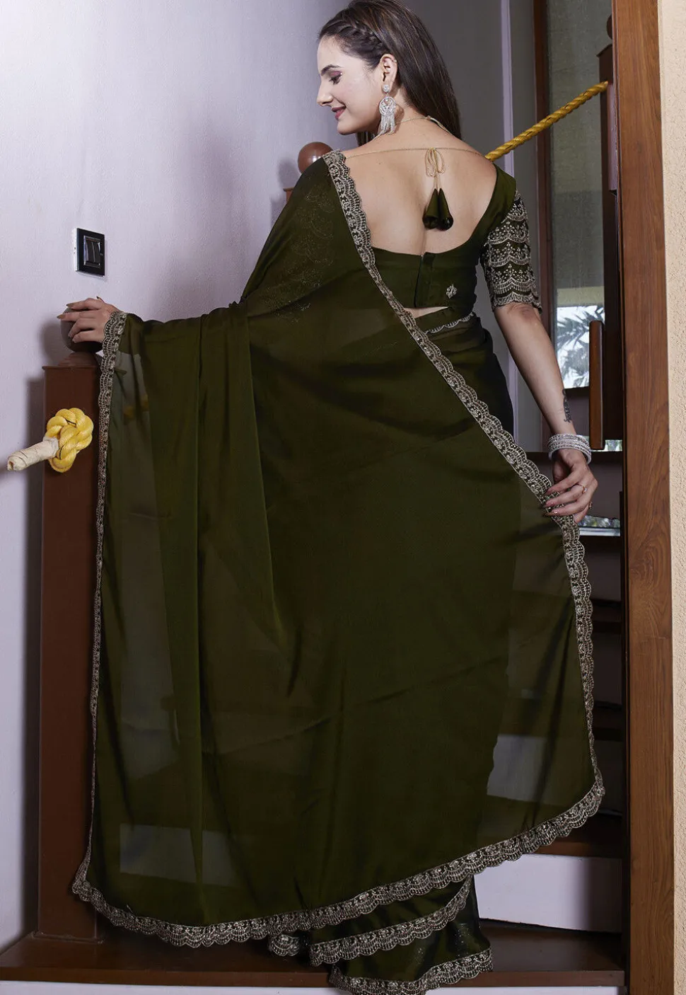 Embroidered Border Satin Georgette Scalloped Saree in Olive Green