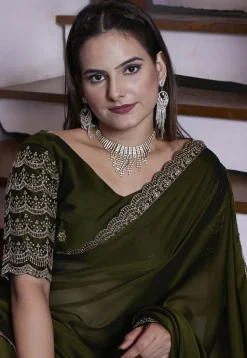 Embroidered Border Satin Georgette Scalloped Saree in Olive Green