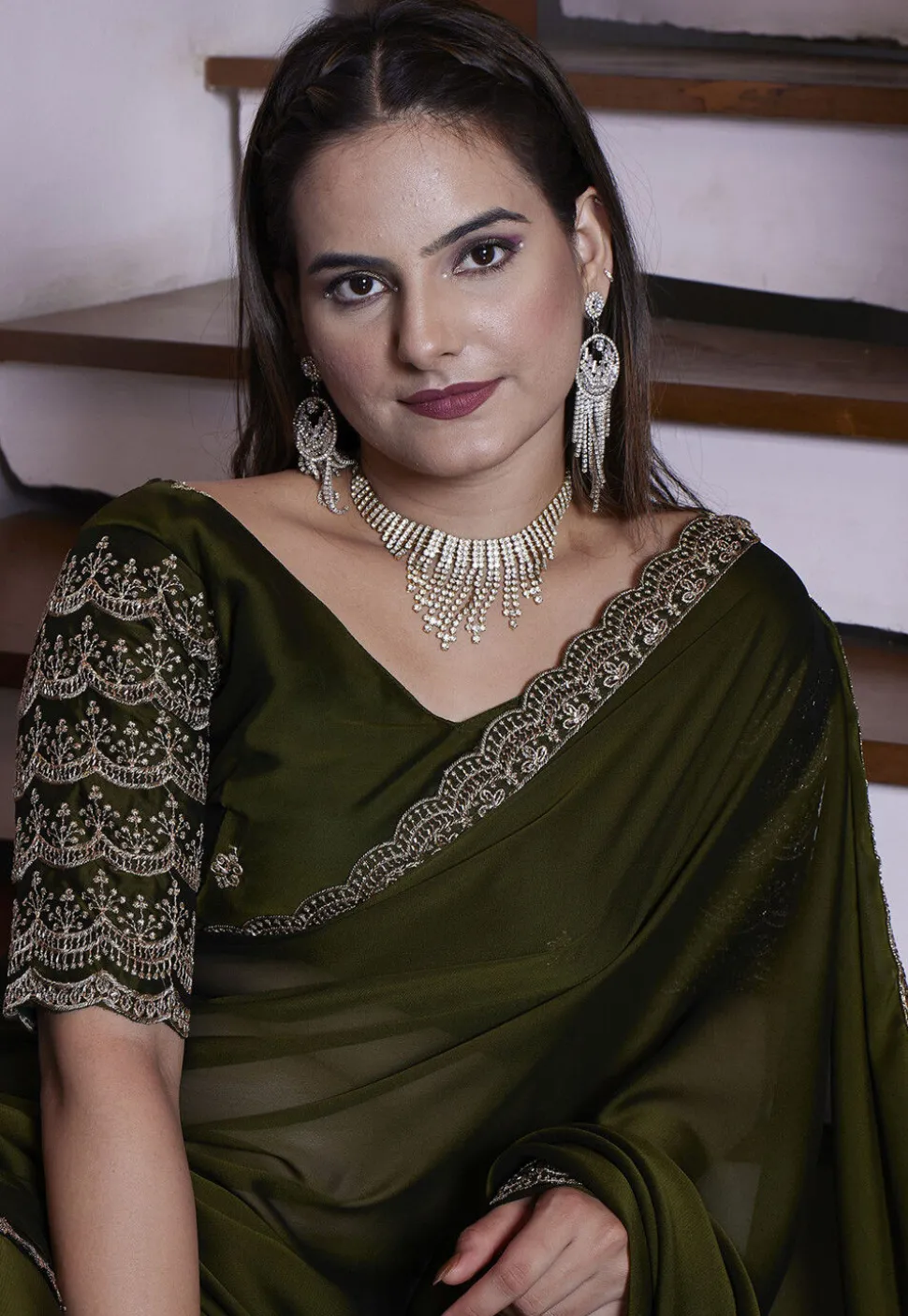 Embroidered Border Satin Georgette Scalloped Saree in Olive Green