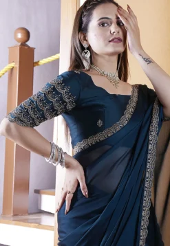 Embroidered Border Satin Georgette Scalloped Saree in Teal Blue