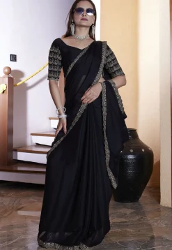 Embroidered Border Satin Georgette Scalloped Saree in Black