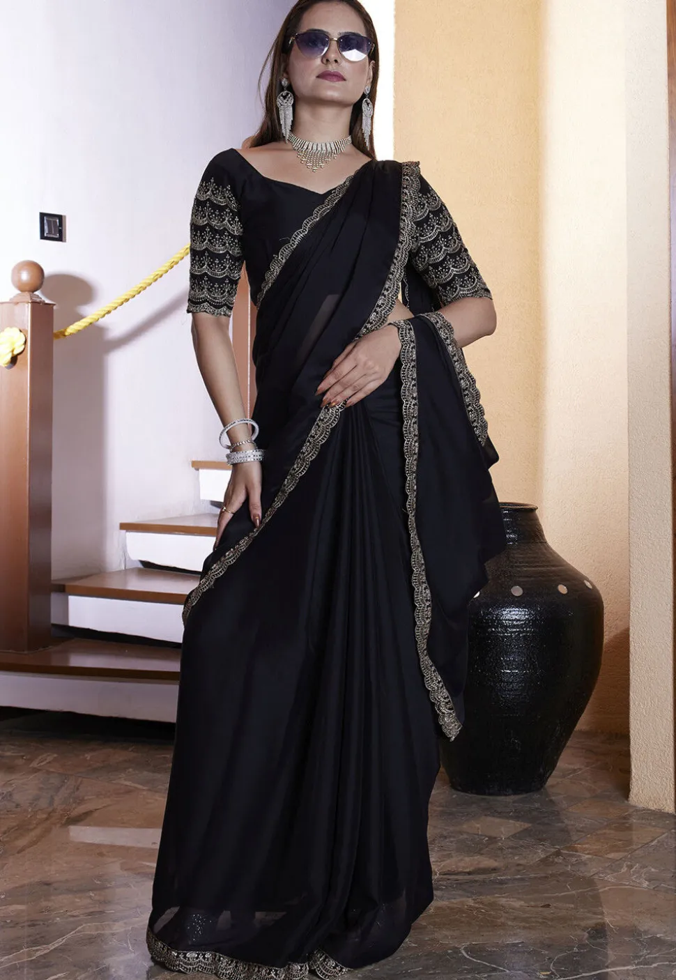 Embroidered Border Satin Georgette Scalloped Saree in Black