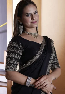 Embroidered Border Satin Georgette Scalloped Saree in Black