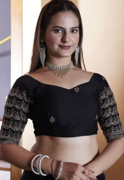 Embroidered Border Satin Georgette Scalloped Saree in Black
