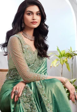 Embroidered Border Satin Chiffon Saree in Teal Green