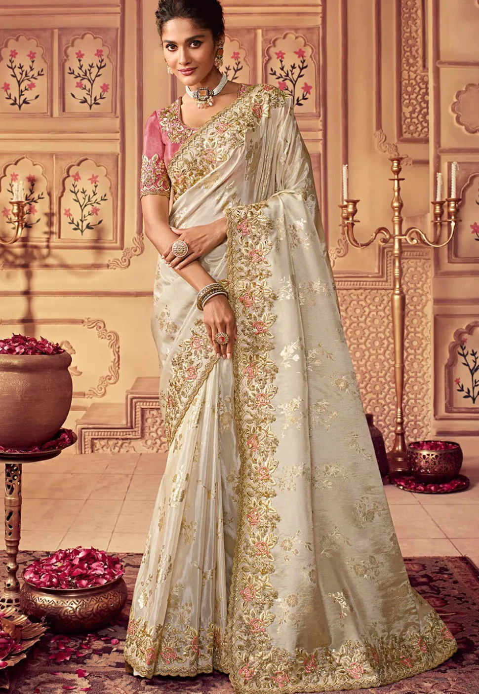 Embroidered Border Viscose Silk Scalloped Saree in Off White