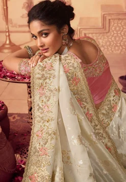 Embroidered Border Viscose Silk Scalloped Saree in Off White
