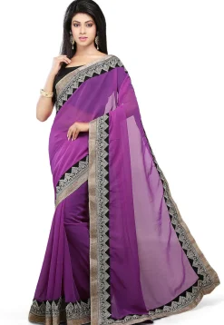 Embroidered Bordered Chiffon Saree in Purple