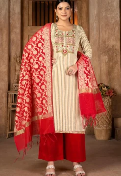 Embroidered Cambric Cotton Pakistani Suit in Beige