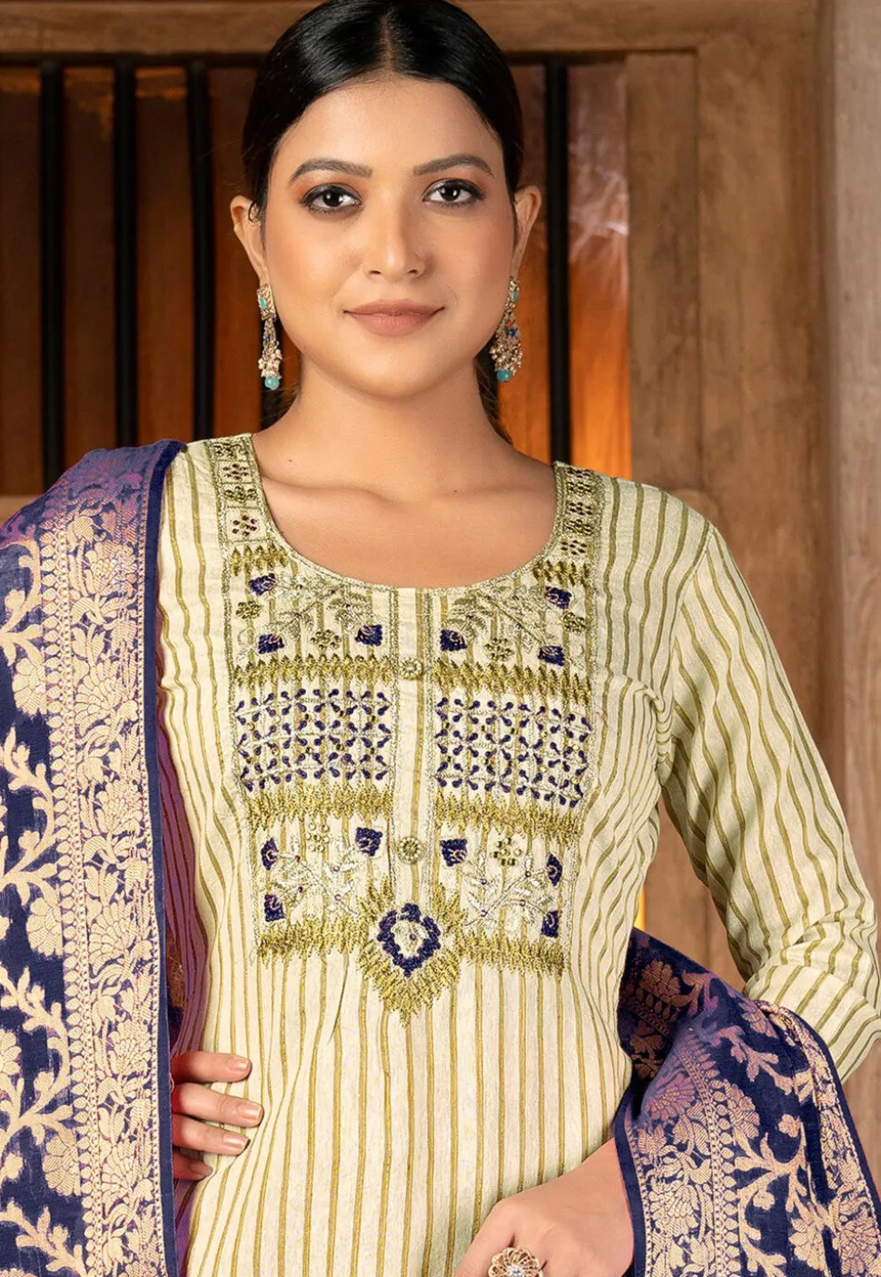 Embroidered Cambric Cotton Pakistani Suit in Beige