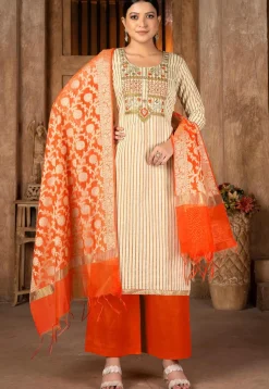 Embroidered Cambric Cotton Pakistani Suit in Beige