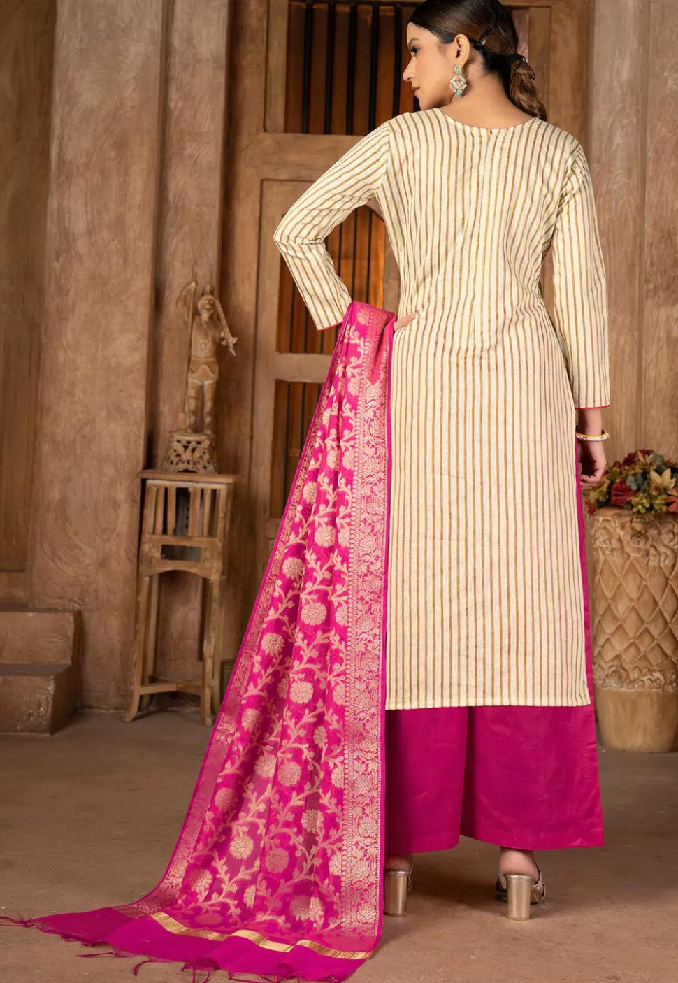 Embroidered Cambric Cotton Pakistani Suit in Beige