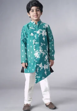 Embroidered Ch Sherwani Set in Teal Green