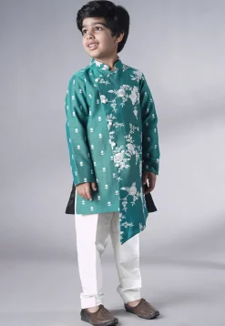 Embroidered Ch Sherwani Set in Teal Green