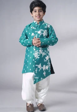 Embroidered Ch Sherwani Set in Teal Green