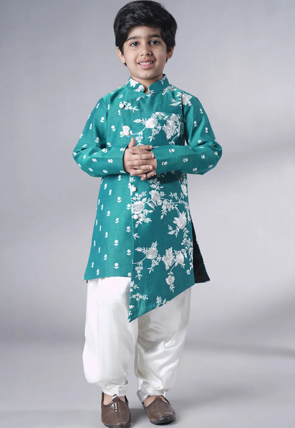 Embroidered Ch Sherwani Set in Teal Green