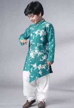 Embroidered Ch Sherwani Set in Teal Green