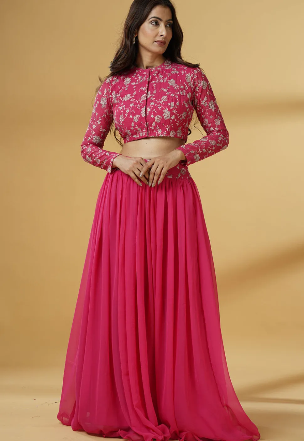 Embroidered Chanderi Cotton Crop Top Set in Fuchsia