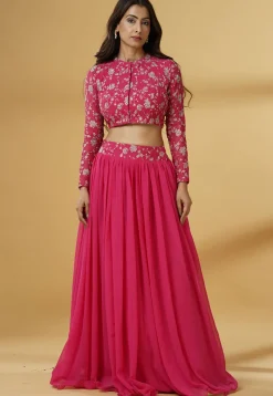 Embroidered Chanderi Cotton Crop Top Set in Fuchsia